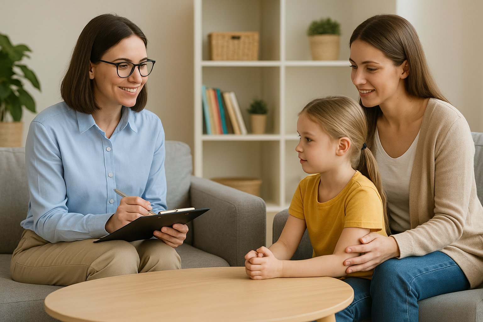 ABA behavior consultant working with child and parent in a home environment.